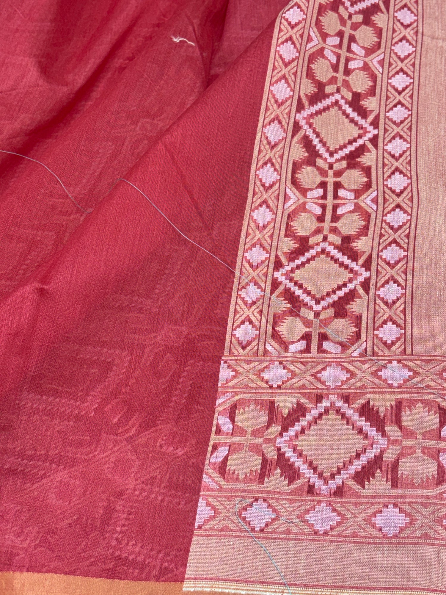 Orangish Pink Cotton Jamdani Handwoven Saree