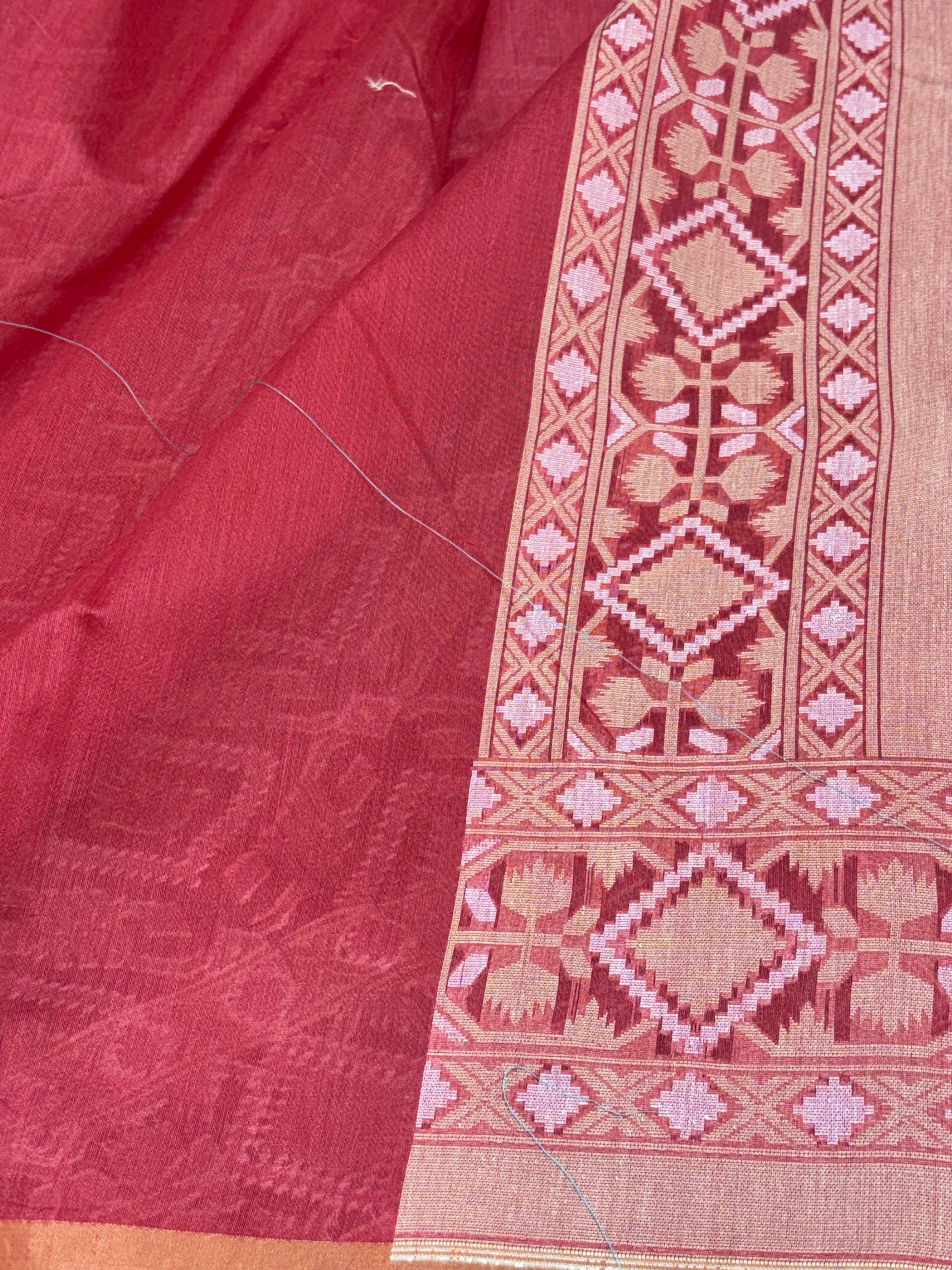 Orangish Pink Cotton Jamdani Handwoven Saree