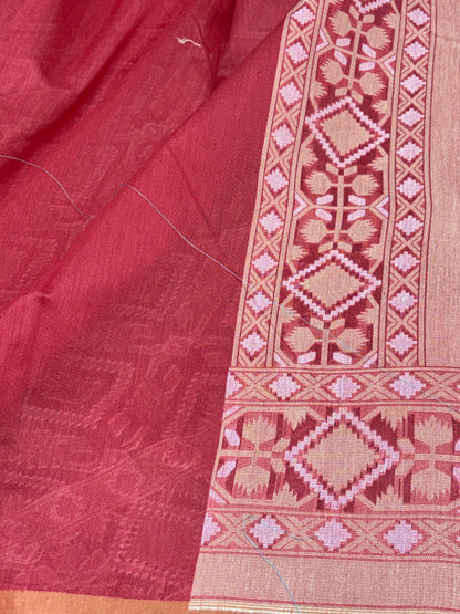 Orangish Pink Cotton Jamdani Handwoven Saree