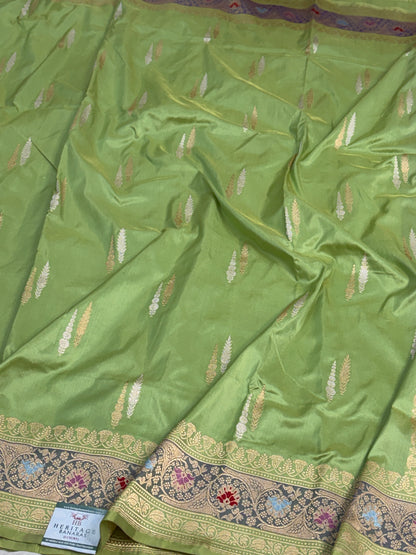 Pastel Olive Green Handwoven Pure BANARASI Katan Silk Saree