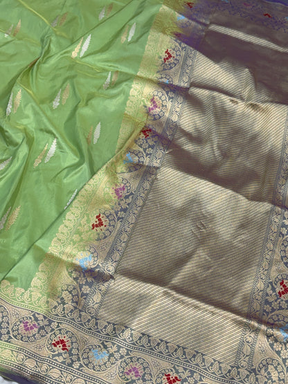 Pastel Olive Green Handwoven Pure BANARASI Katan Silk Saree
