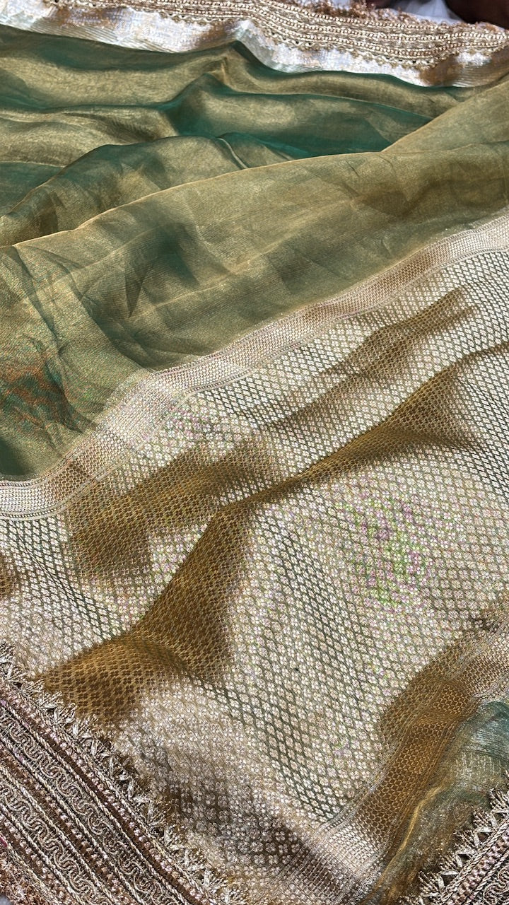 Bottle Green Banarasi Tissue Silk Handwoven Saree