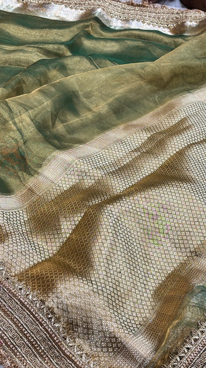 Bottle Green Banarasi Tissue Silk Handwoven Saree