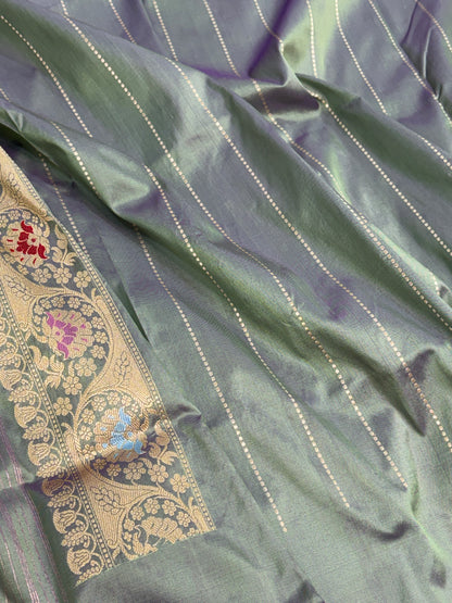 Pastel Olive Green Handwoven Pure BANARASI Katan Silk Saree