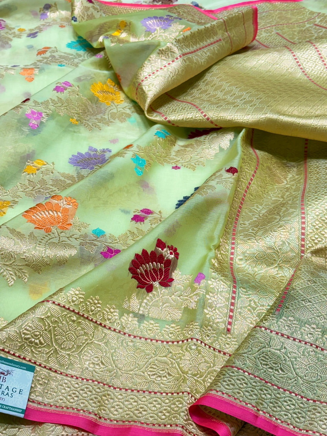 Pastel Mint Green Banarasi Kora Silk Handwoven Saree