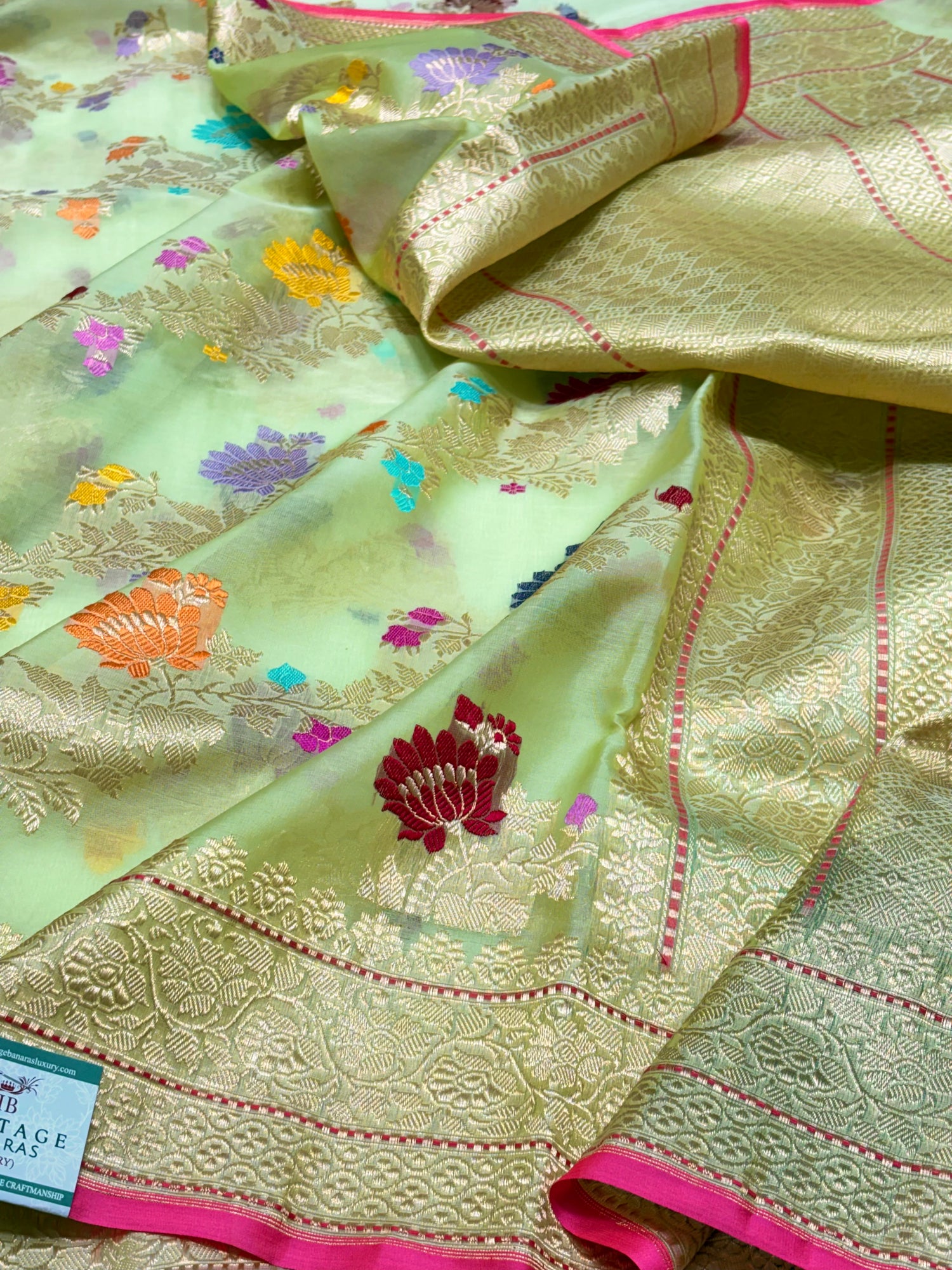 Pastel Mint Green Banarasi Kora Silk Handwoven Saree