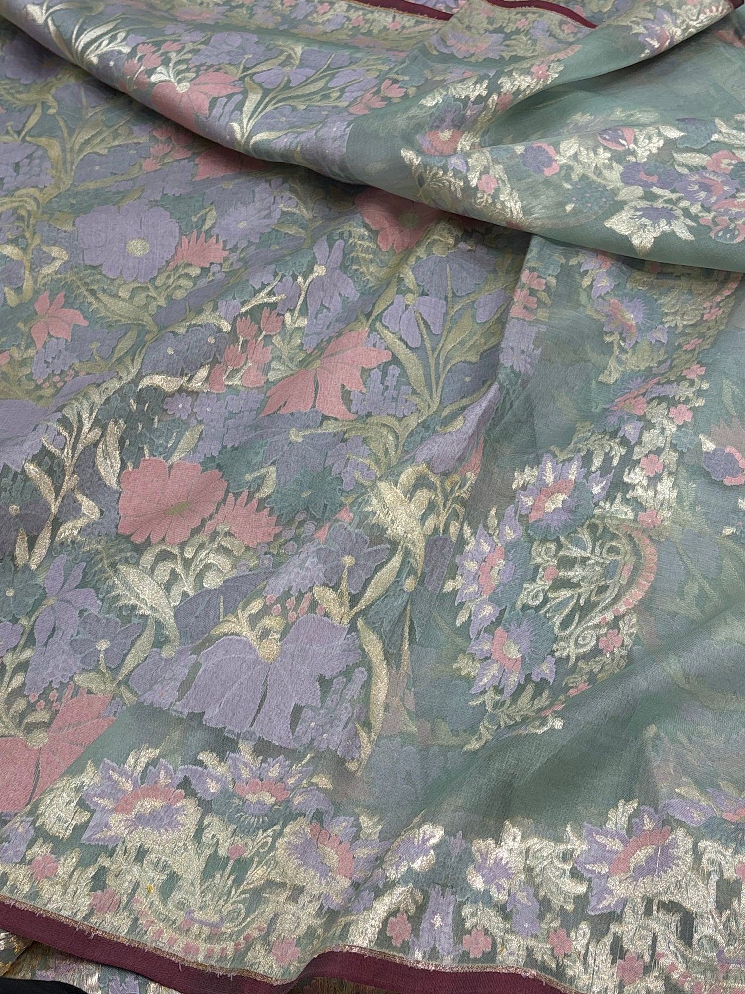 Pure Sky Blue Kora Jamdani Banarasi Handwoven Saree