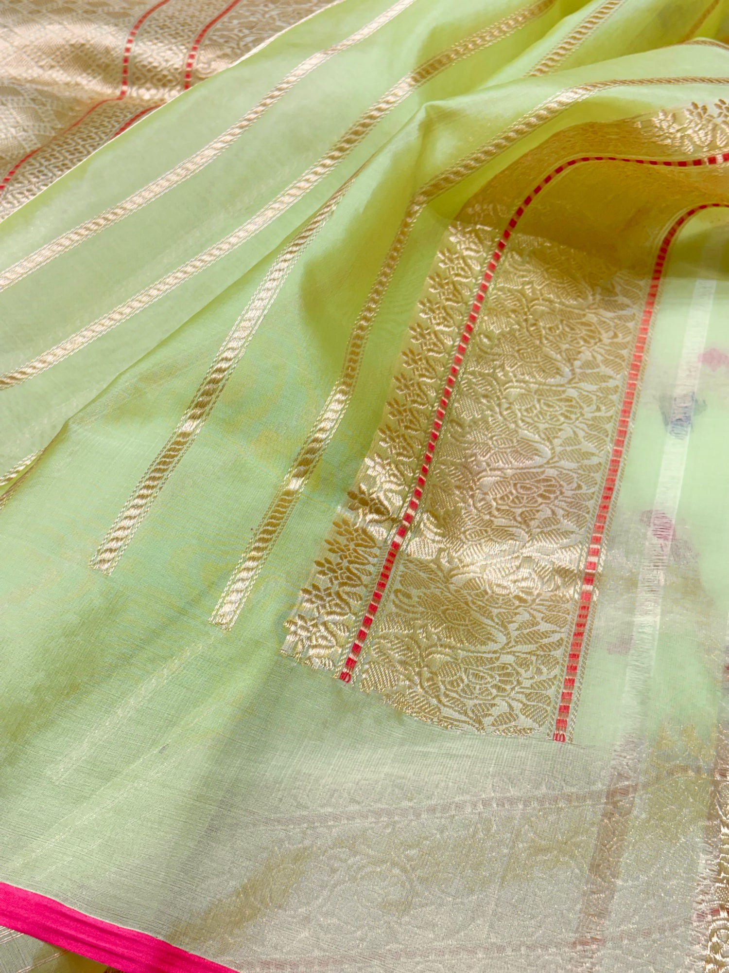 Pastel Mint Green Banarasi Kora Silk Handwoven Saree