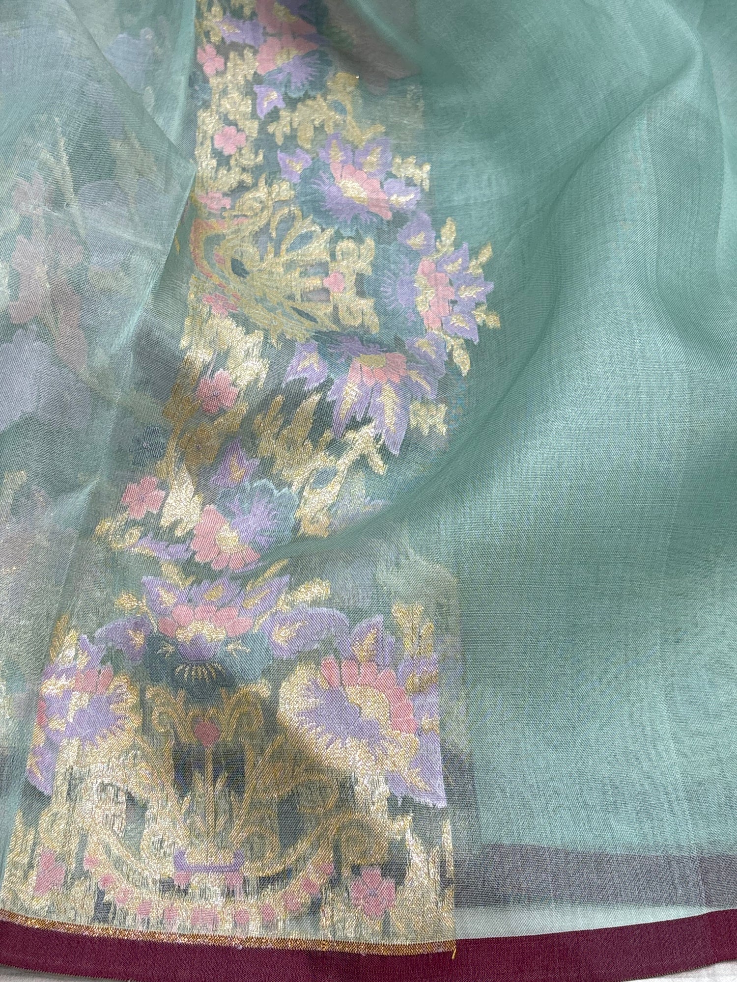 Pure Sky Blue Kora Jamdani Banarasi Handwoven Saree