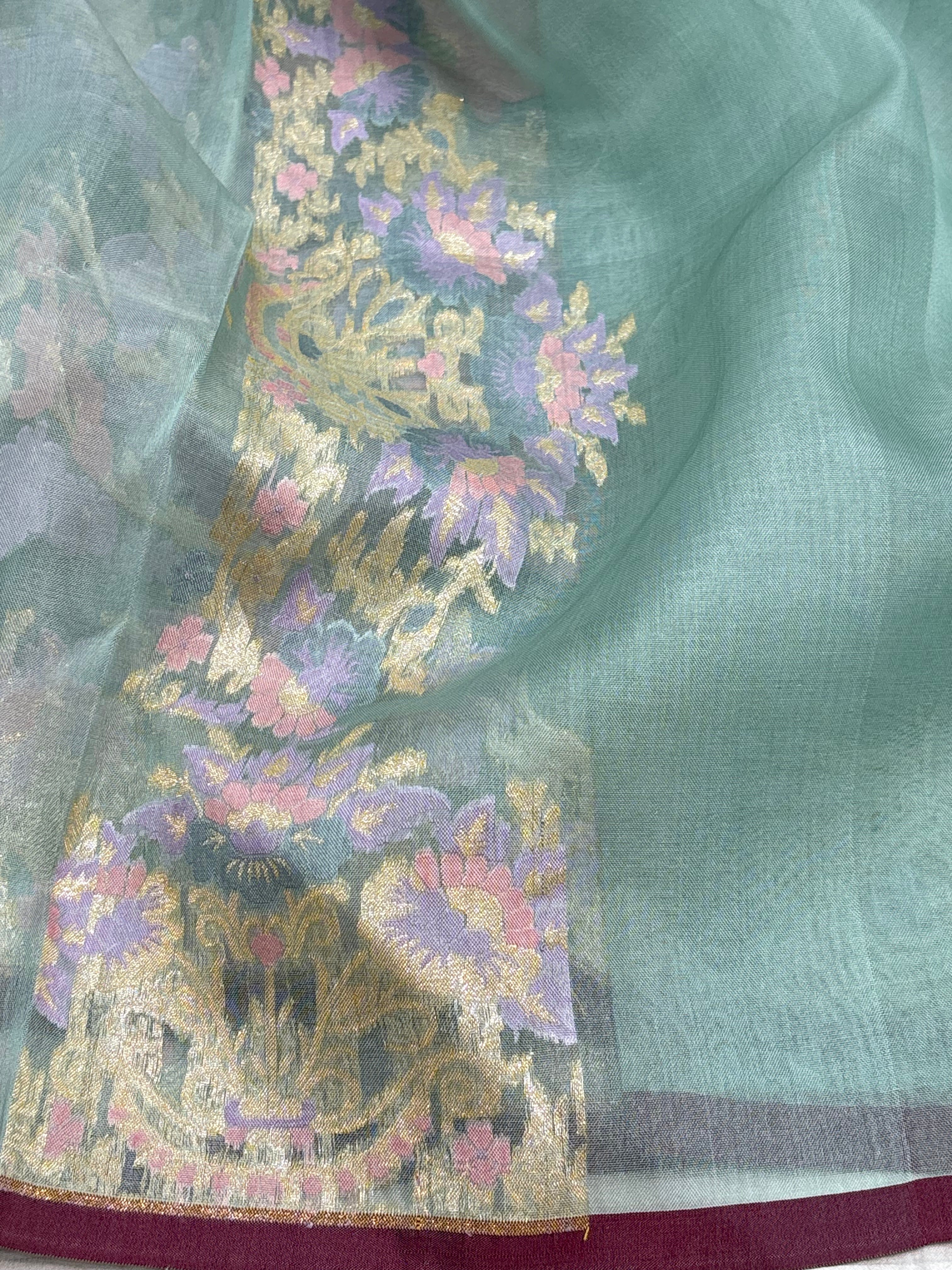 Pure Sky Blue Kora Jamdani Banarasi Handwoven Saree