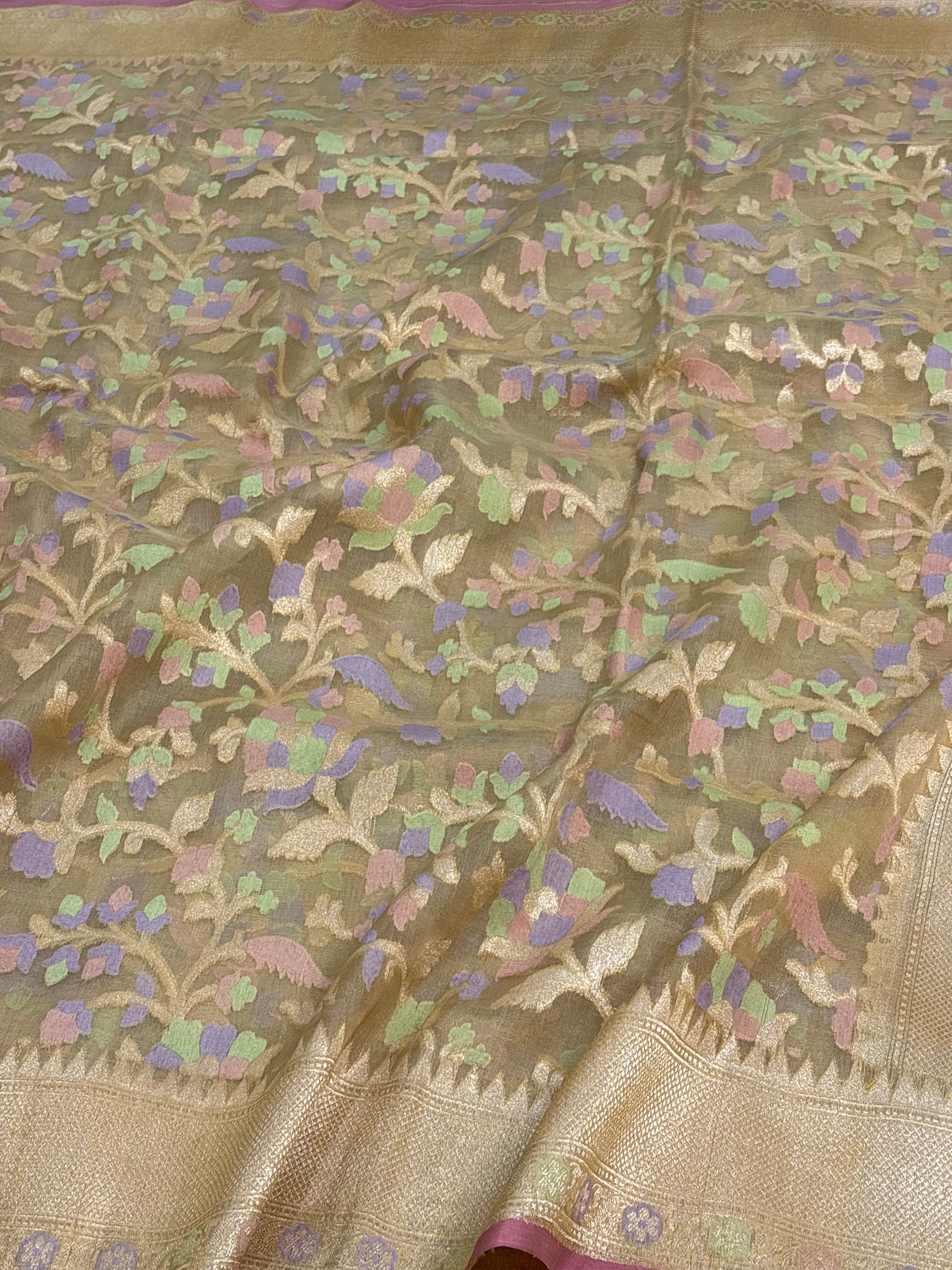 Pure Gold Kora Jamdani Handwoven Banarasi Saree