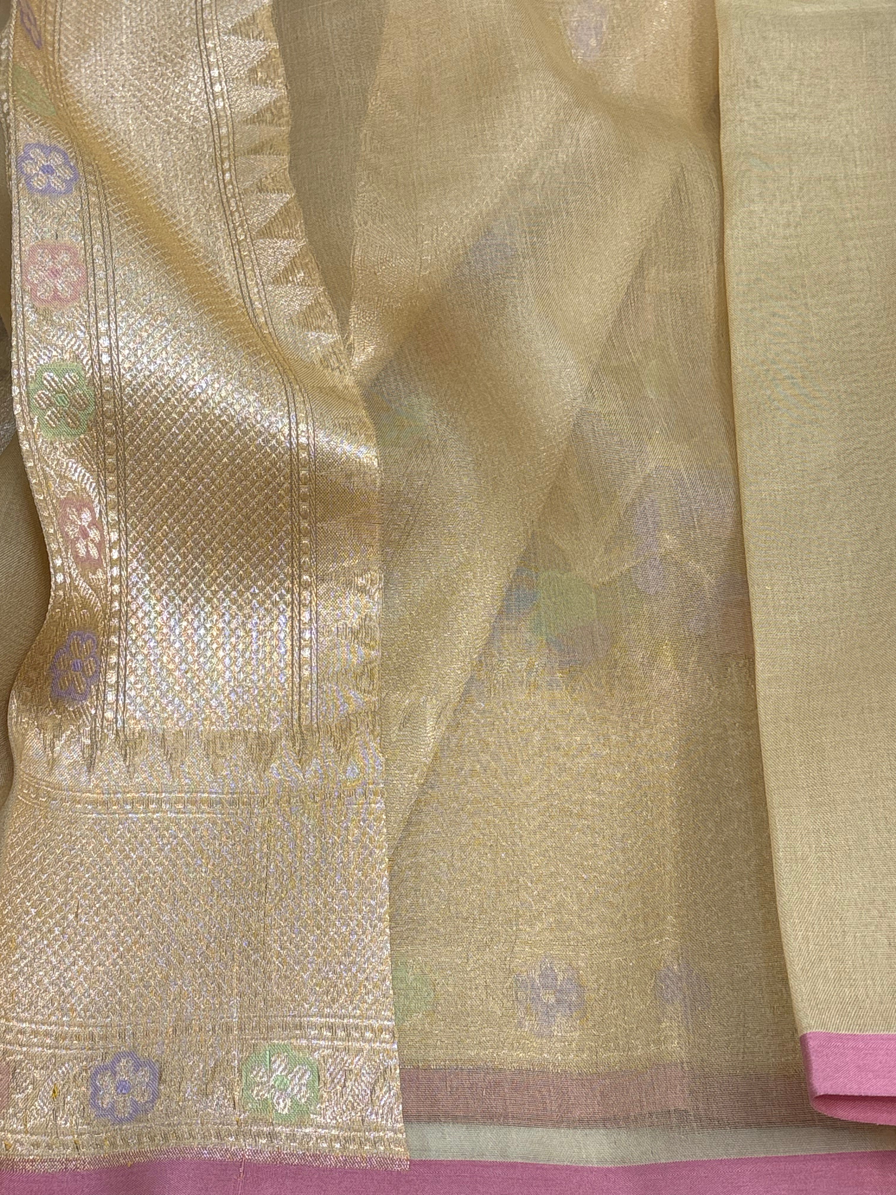 Pure Gold Kora Jamdani Handwoven Banarasi Saree