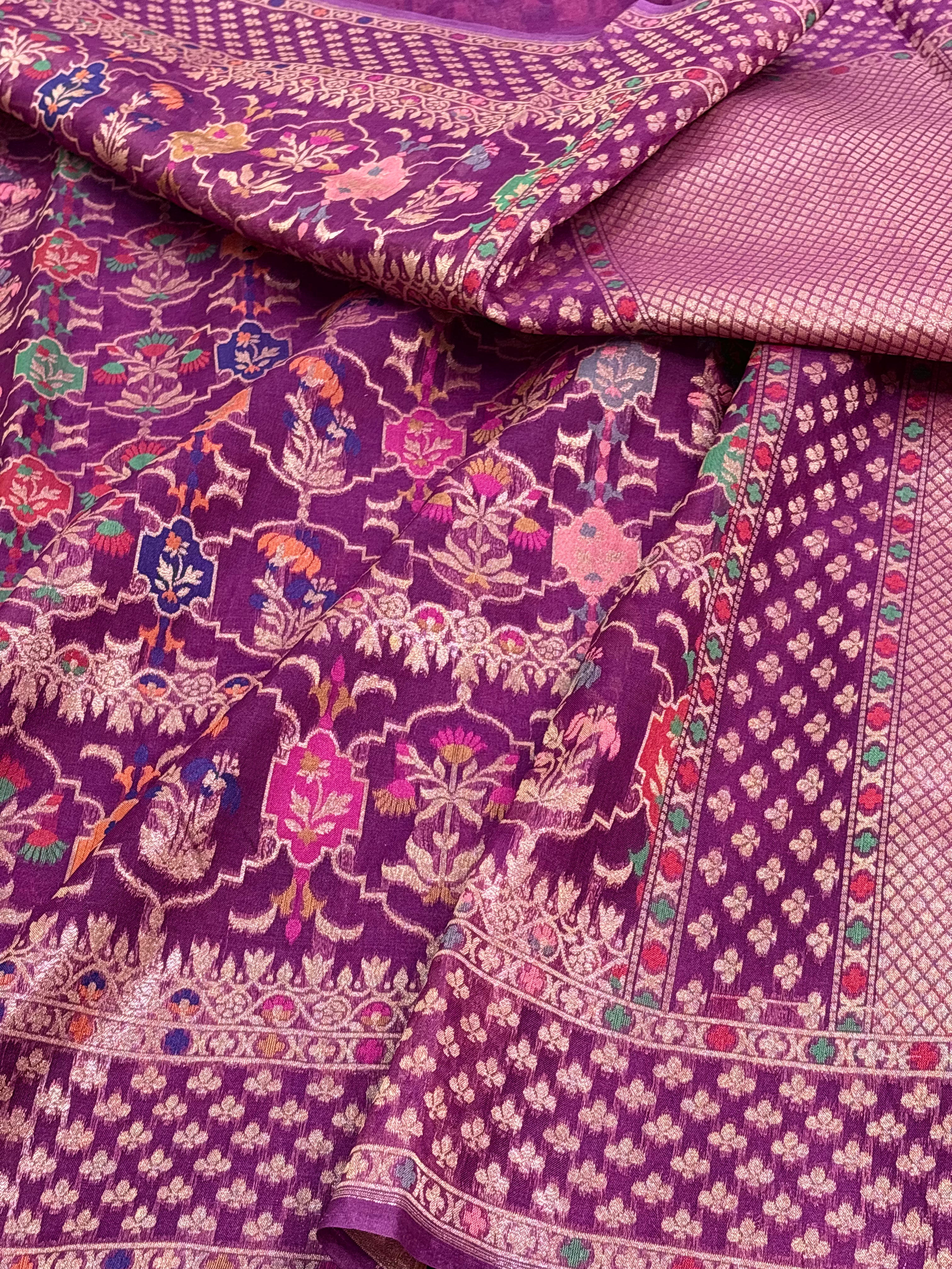 Pure Banarasi Purple Kora Jamdani Handwoven Saree