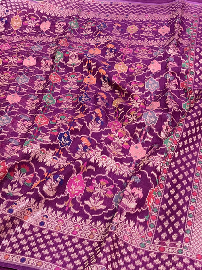 Pure Banarasi Purple Kora Jamdani Handwoven Saree