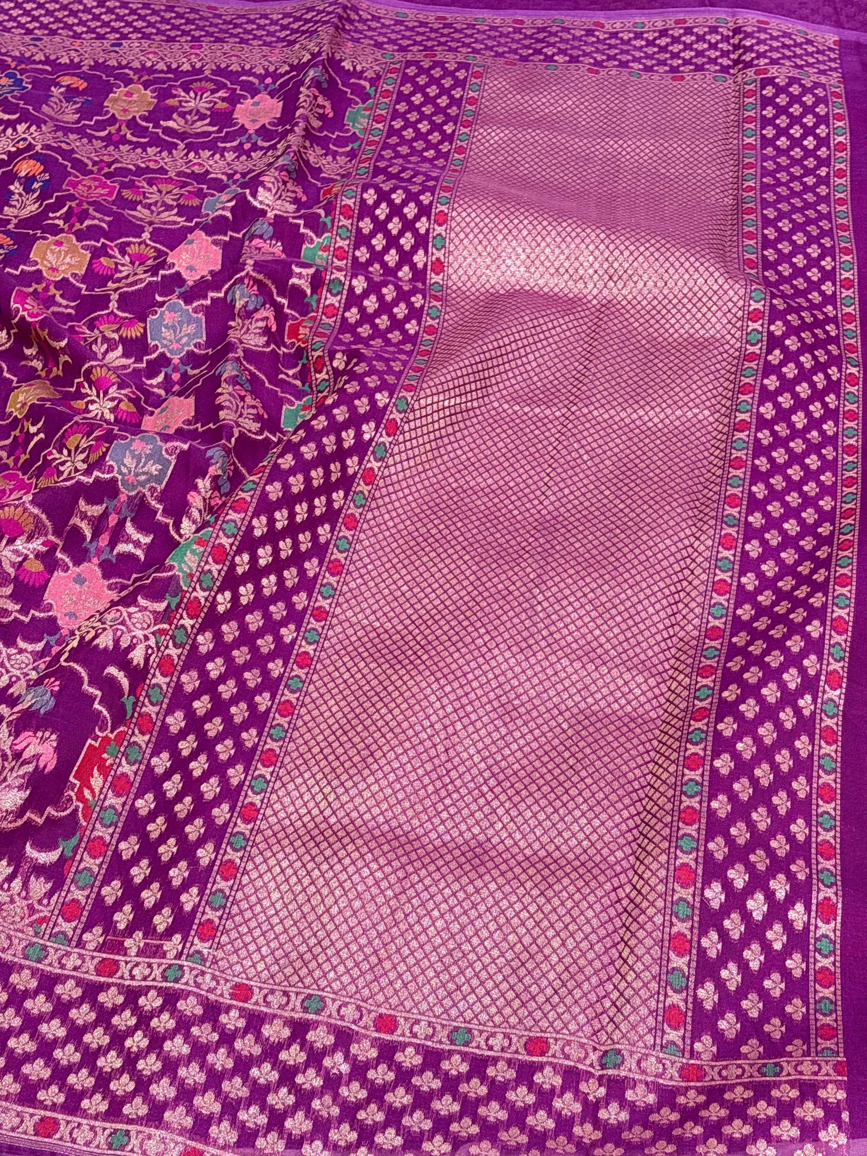Pure Banarasi Purple Kora Jamdani Handwoven Saree