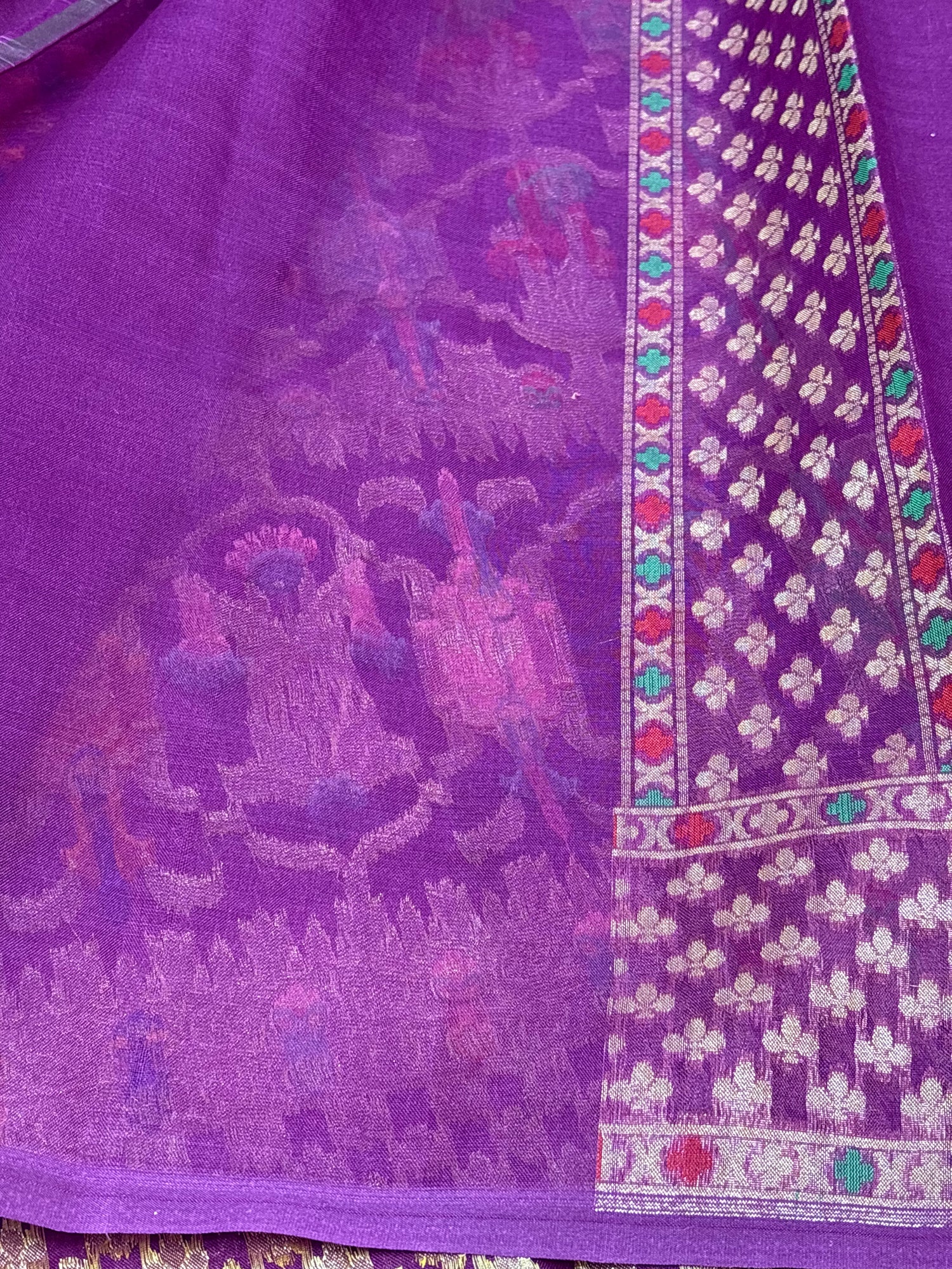 Pure Banarasi Purple Kora Jamdani Handwoven Saree