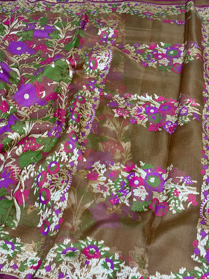 Pure Wine Kora Jamdani Handwoven Saree with Floral Jaal