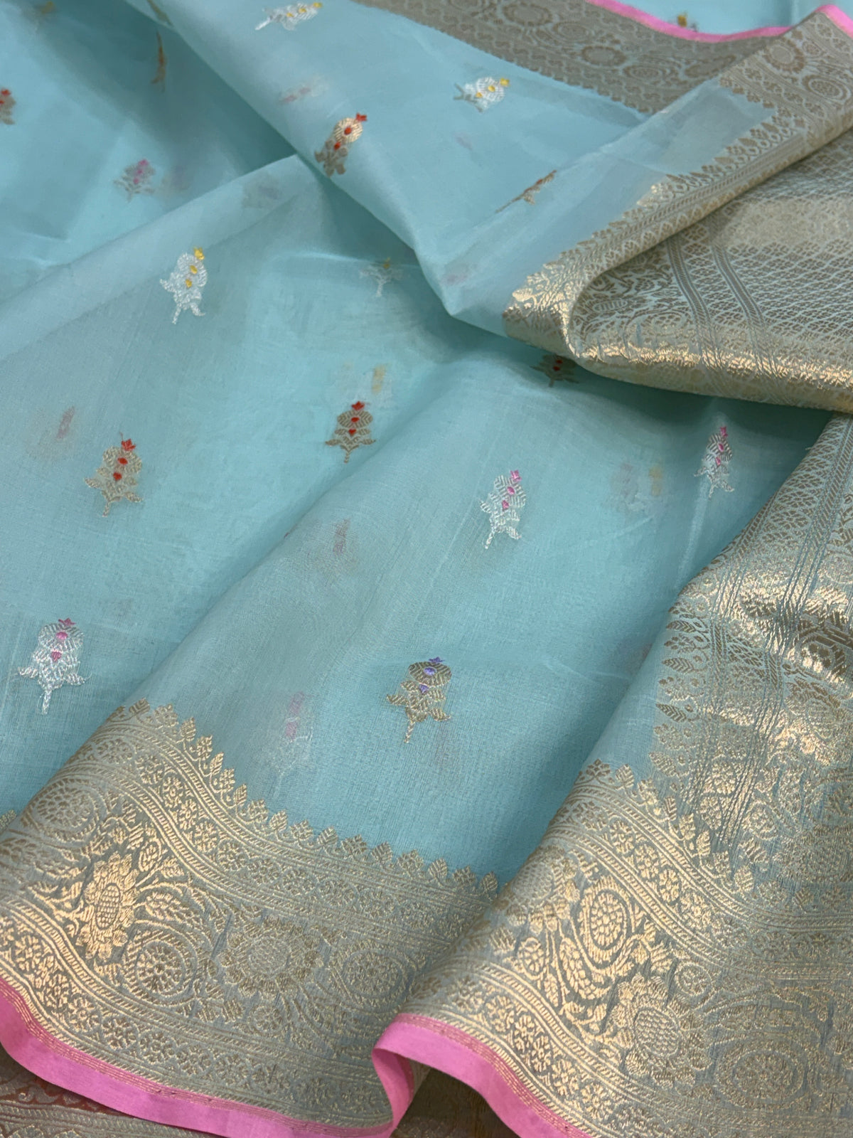 Powder Blue Handwoven Pure BANARASI Kora Silk Saree