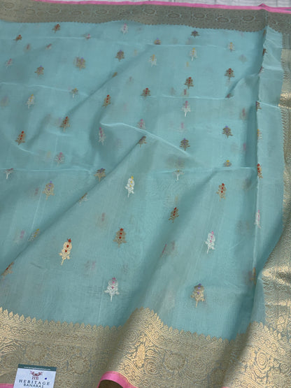 Powder Blue Handwoven Pure BANARASI Kora Silk Saree