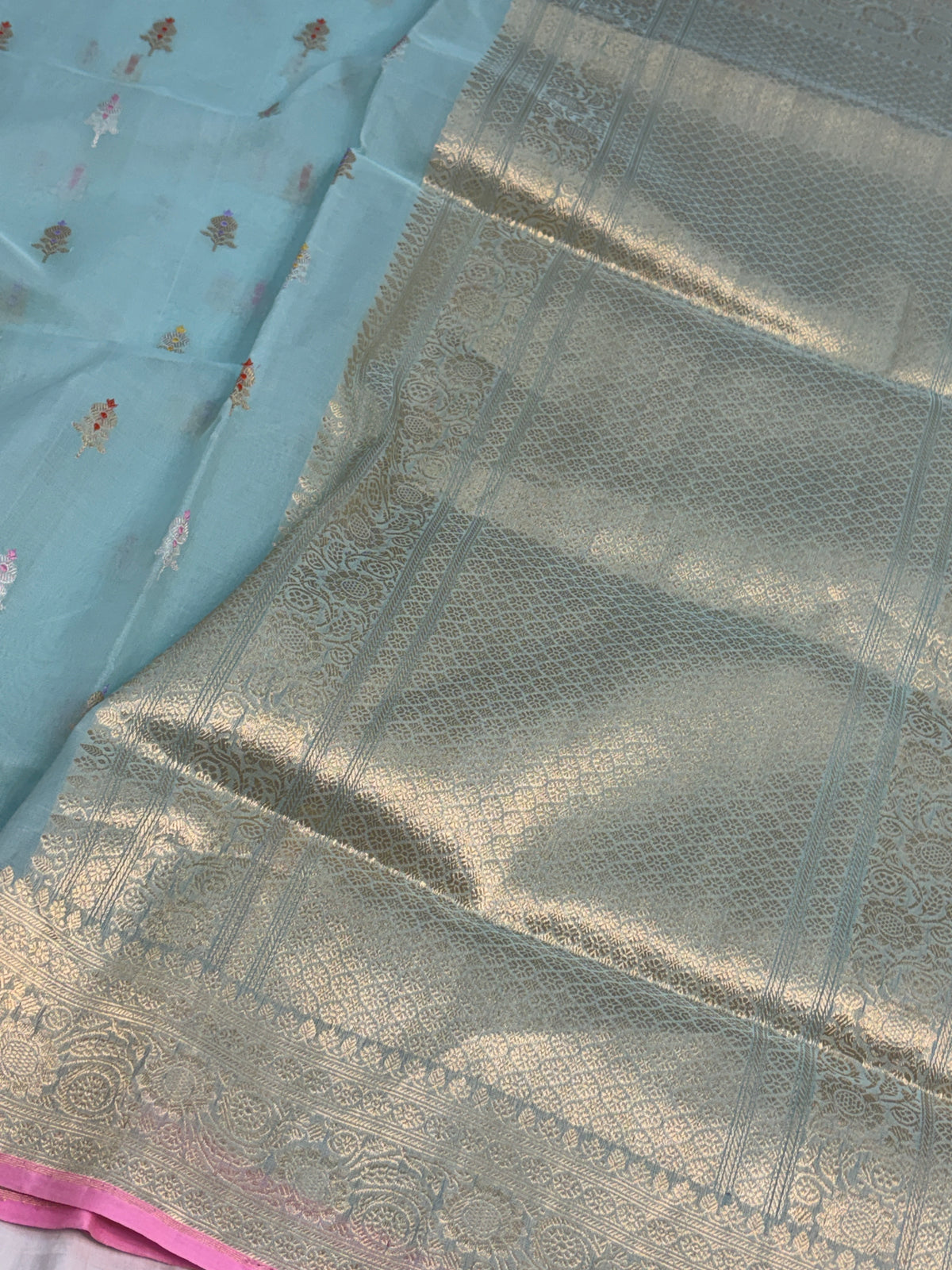 Powder Blue Handwoven Pure BANARASI Kora Silk Saree