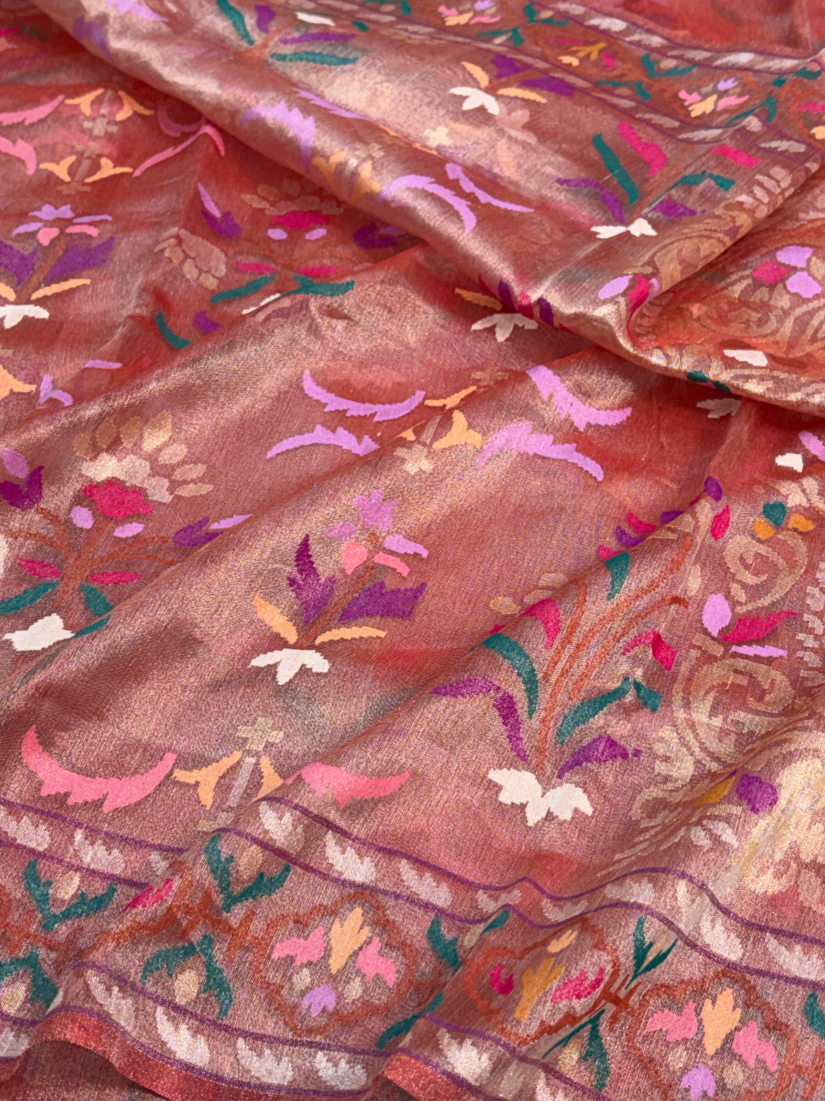 Antique Rose Gold Handwoven Real Gold &amp; Silver Tissue Jamdani Saree