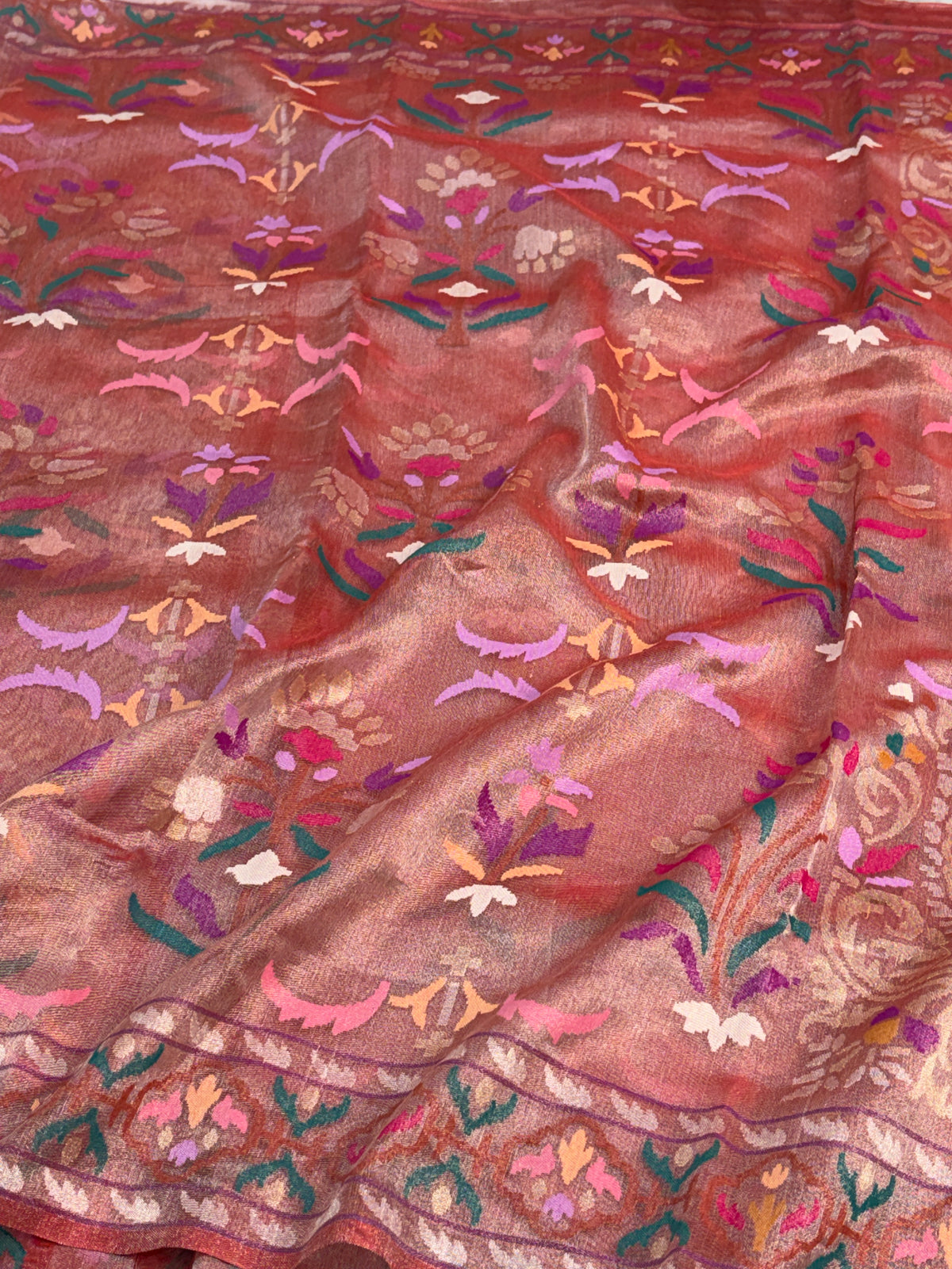 Antique Rose Gold Handwoven Real Gold &amp; Silver Tissue Jamdani Saree