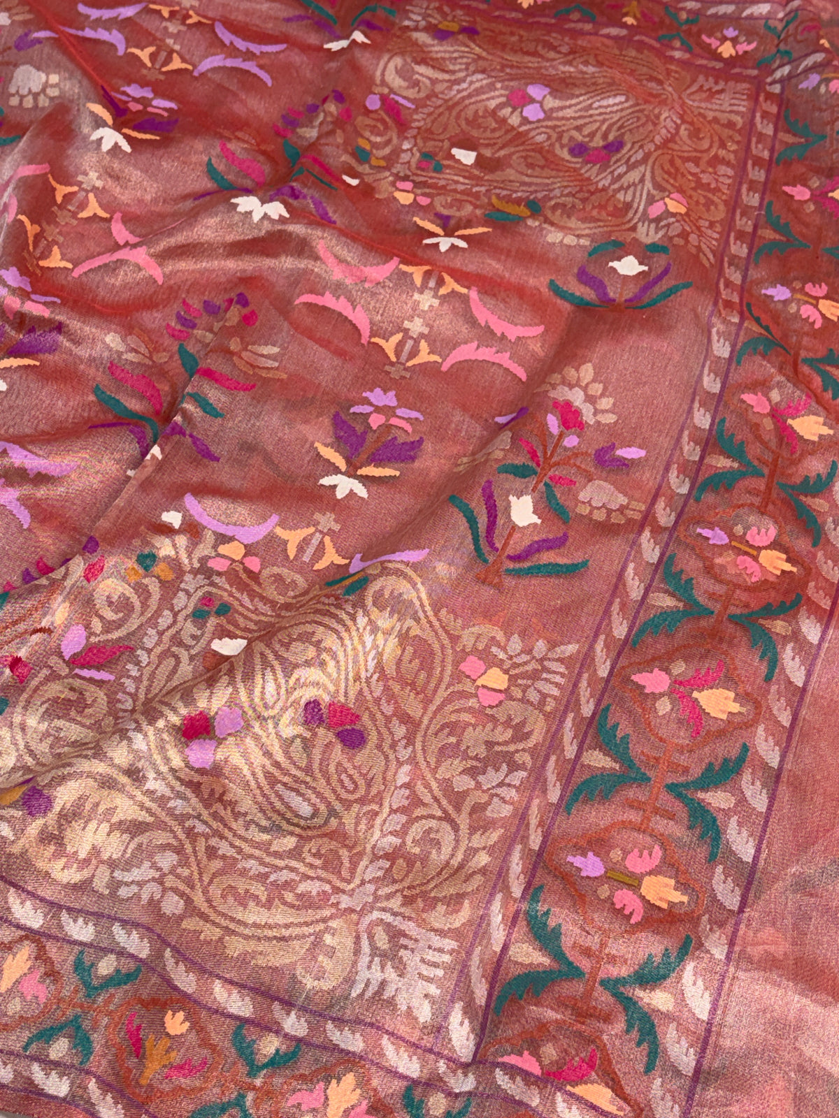 Antique Rose Gold Handwoven Real Gold &amp; Silver Tissue Jamdani Saree