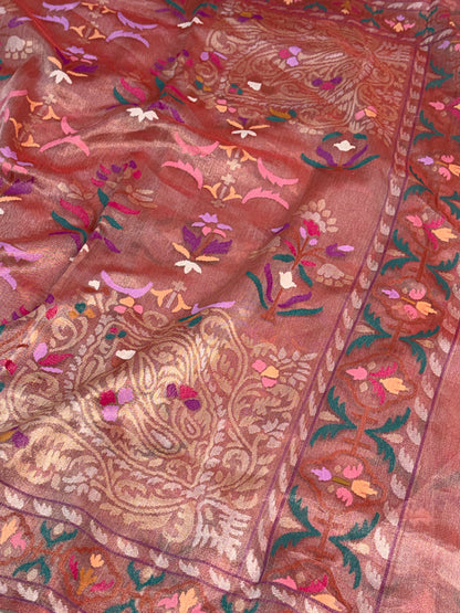 Antique Rose Gold Handwoven Real Gold &amp; Silver Tissue Jamdani Saree