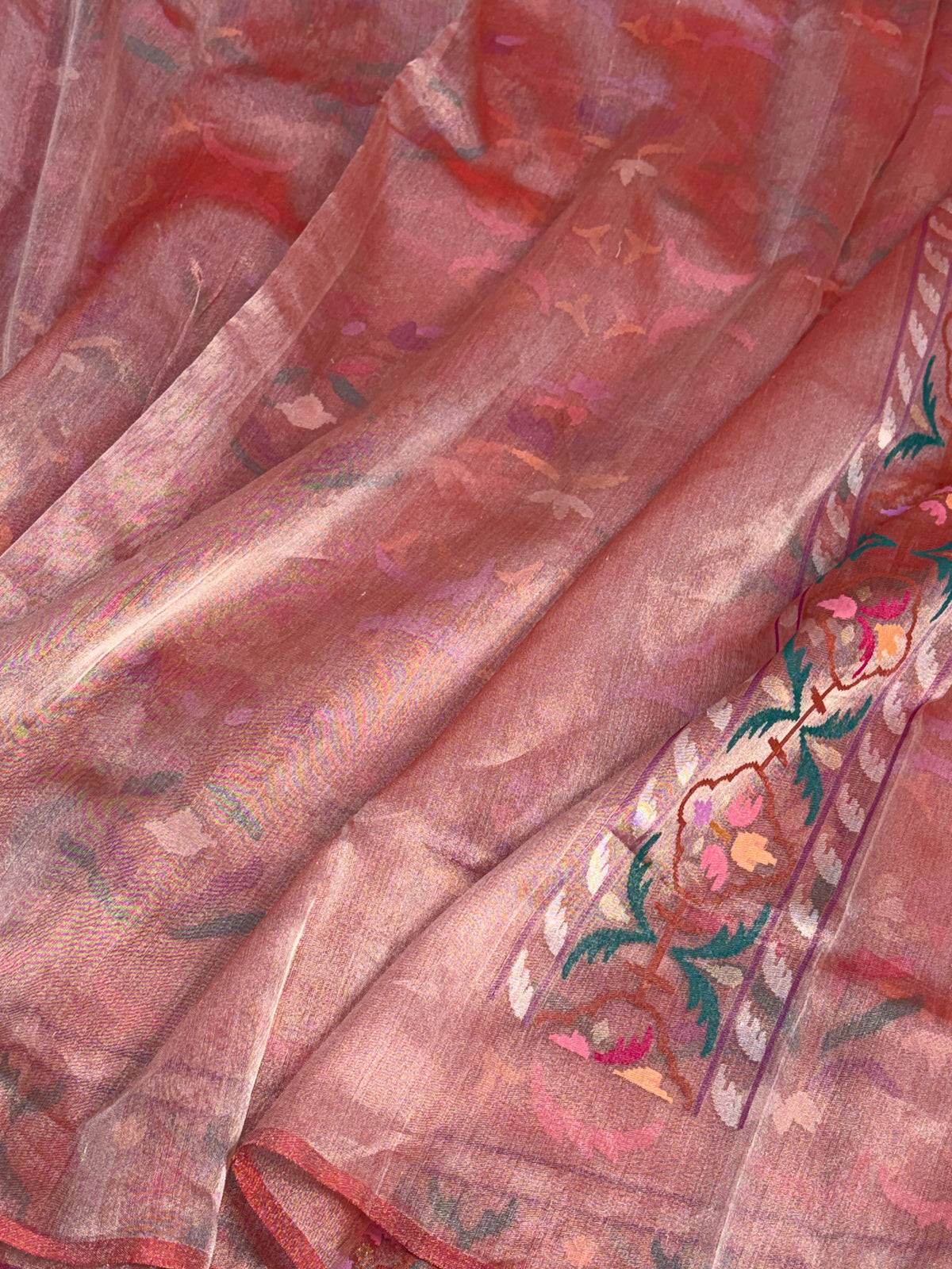 Antique Rose Gold Handwoven Real Gold &amp; Silver Tissue Jamdani Saree