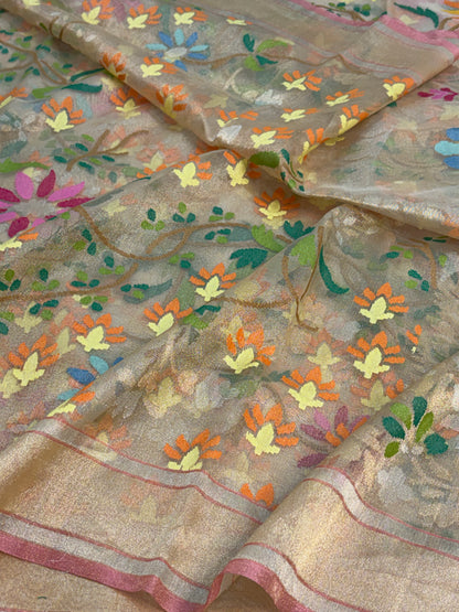 Cream handwoven real gold &amp; silver zari tissue jamdani saree