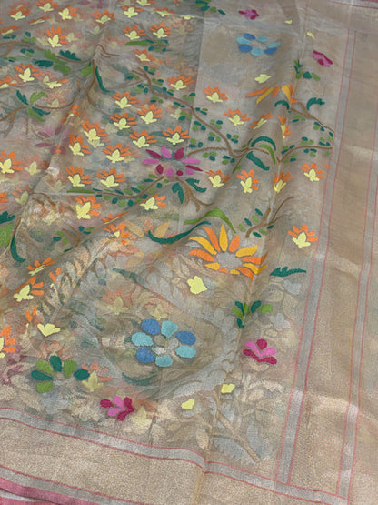 Cream handwoven real gold &amp; silver zari tissue jamdani saree