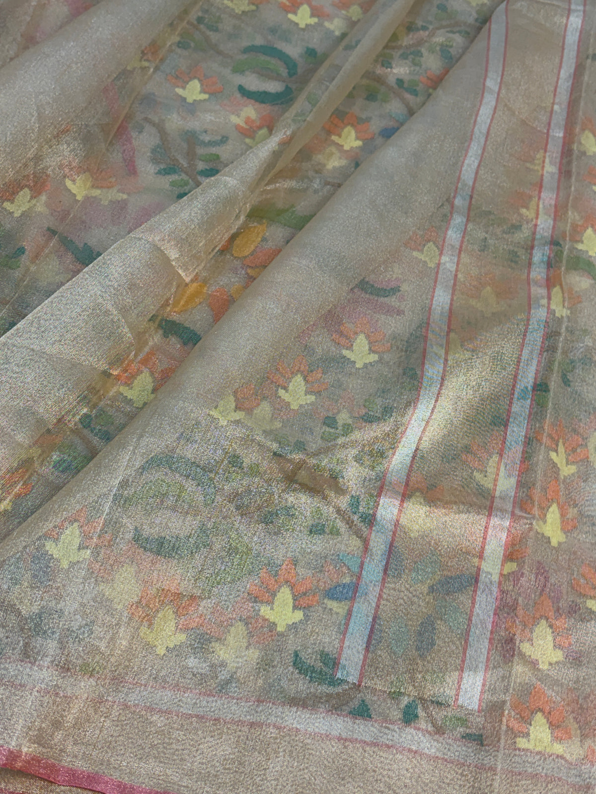 Cream handwoven real gold &amp; silver zari tissue jamdani saree