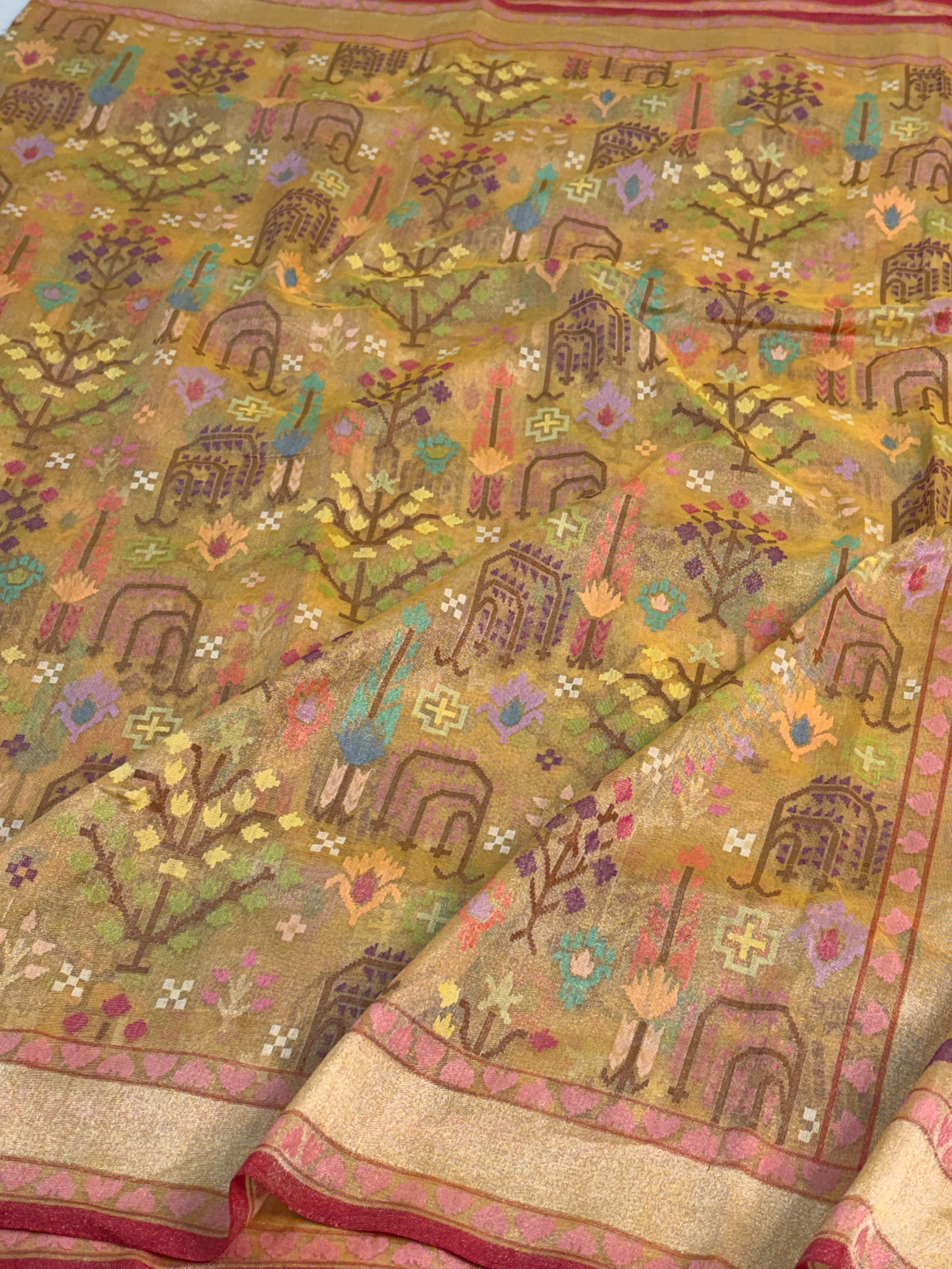 Mustard Handwoven Real Gold &amp; Silver Zari Tissue JAMDANI Saree