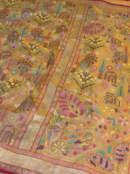 Mustard Handwoven Real Gold &amp; Silver Zari Tissue JAMDANI Saree