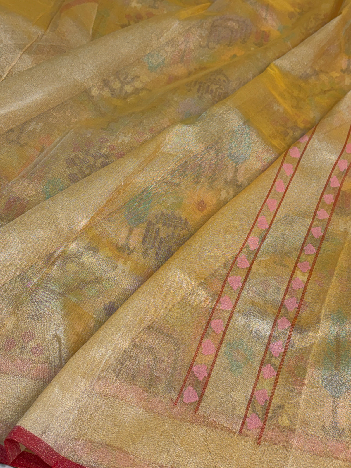 Mustard Handwoven Real Gold &amp; Silver Zari Tissue JAMDANI Saree