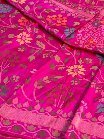 Rani Pink Handwoven Real Gold &amp; Silver Zari Silk Jamdani Saree