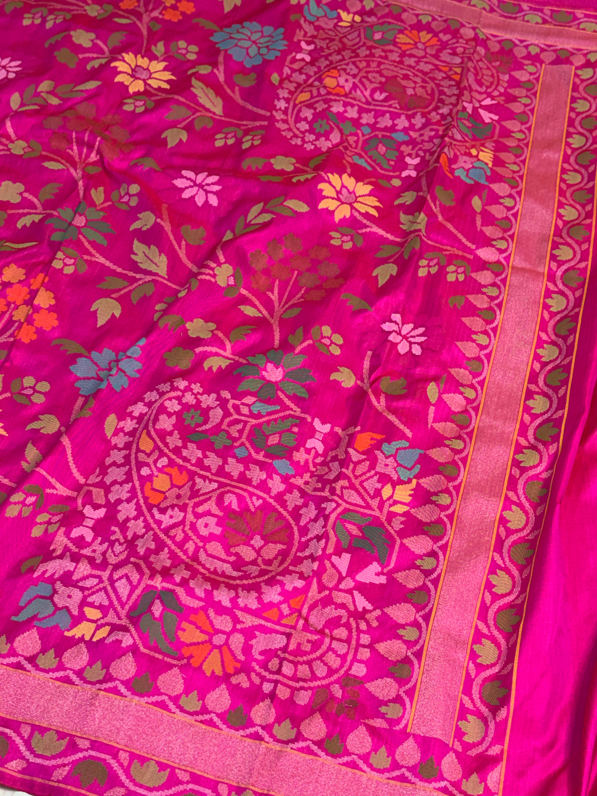 Rani Pink Handwoven Real Gold &amp; Silver Zari Silk Jamdani Saree