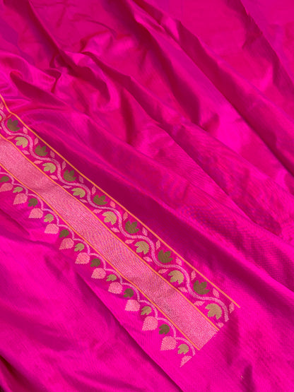 Rani Pink Handwoven Real Gold &amp; Silver Zari Silk Jamdani Saree
