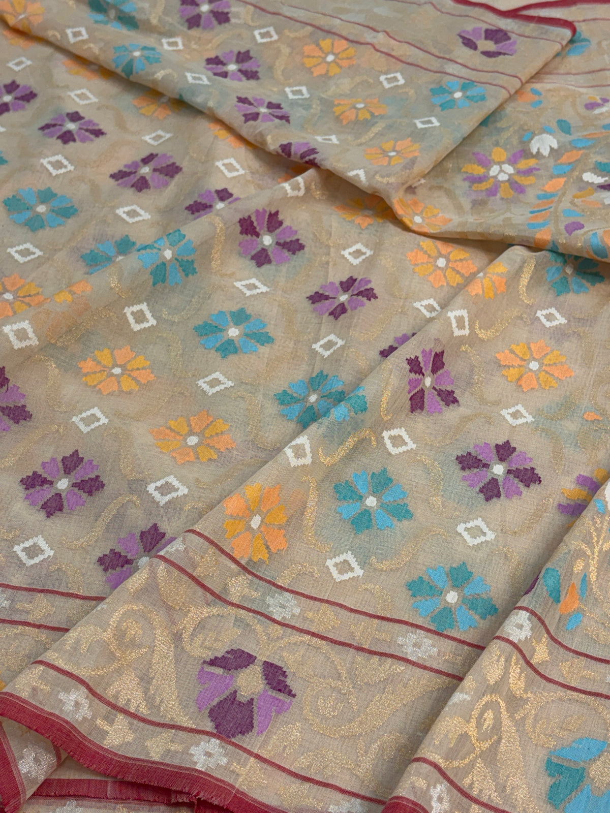 Ivory Handwoven Real Zari Cotton Jamdani Saree