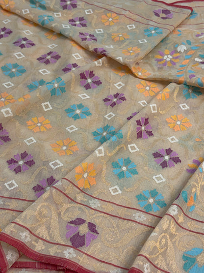 Ivory Handwoven Real Zari Cotton Jamdani Saree