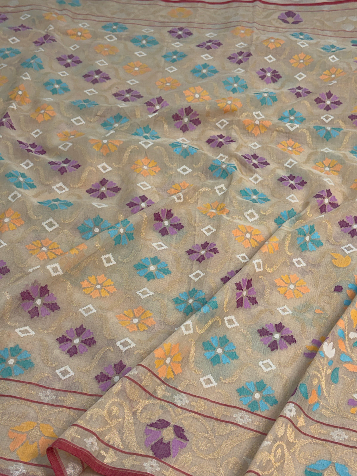 Ivory Handwoven Real Zari Cotton Jamdani Saree