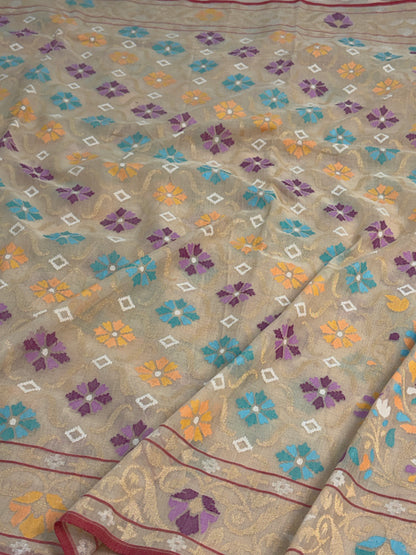 Ivory Handwoven Real Zari Cotton Jamdani Saree
