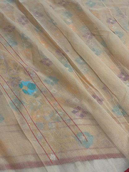 Ivory Handwoven Real Zari Cotton Jamdani Saree