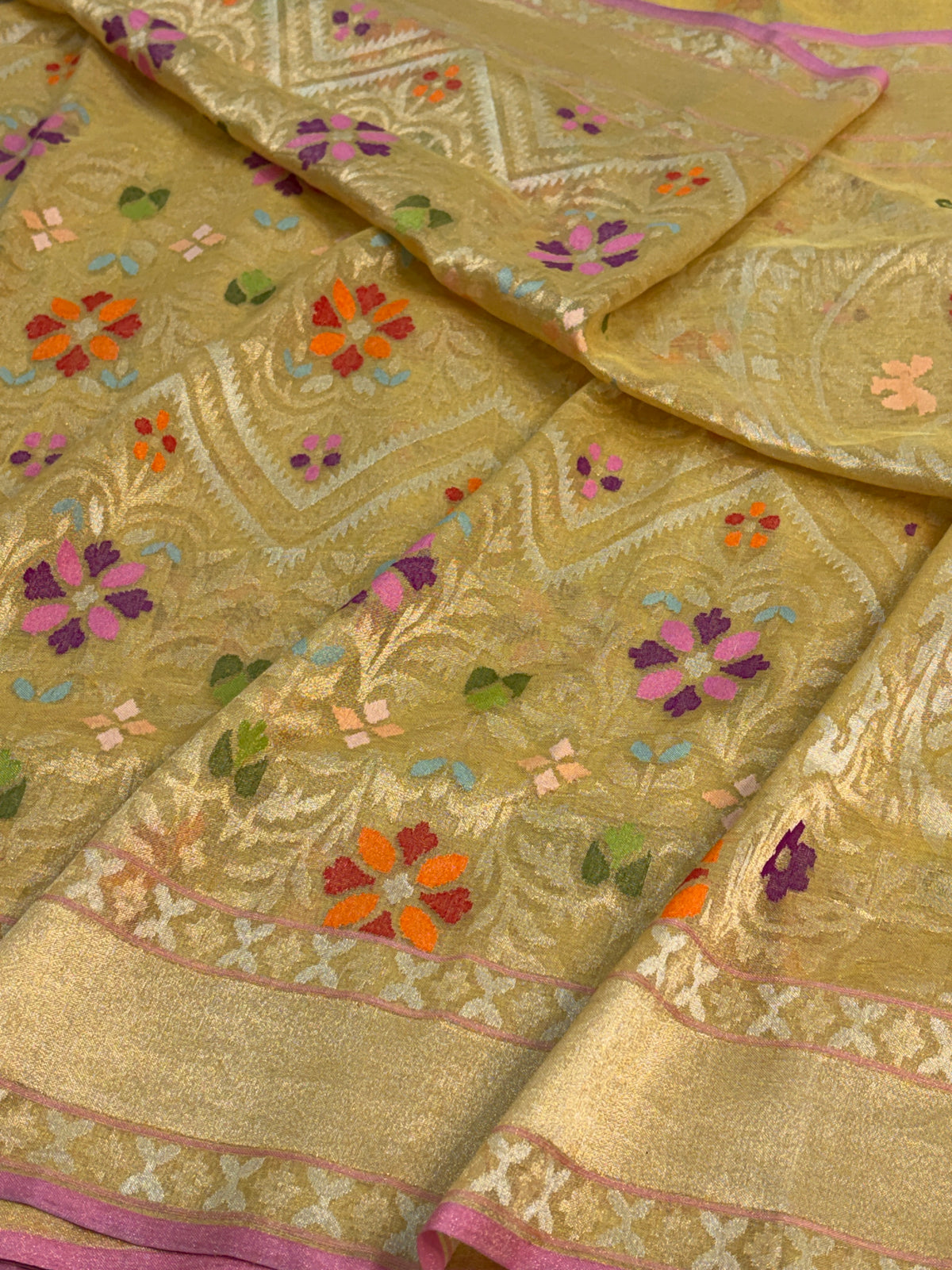 Lemon Yellow Handwoven Real Gold &amp; Silver Zari Tissue Jamdani Saree