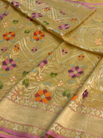 Lemon Yellow Handwoven Real Gold &amp; Silver Zari Tissue Jamdani Saree