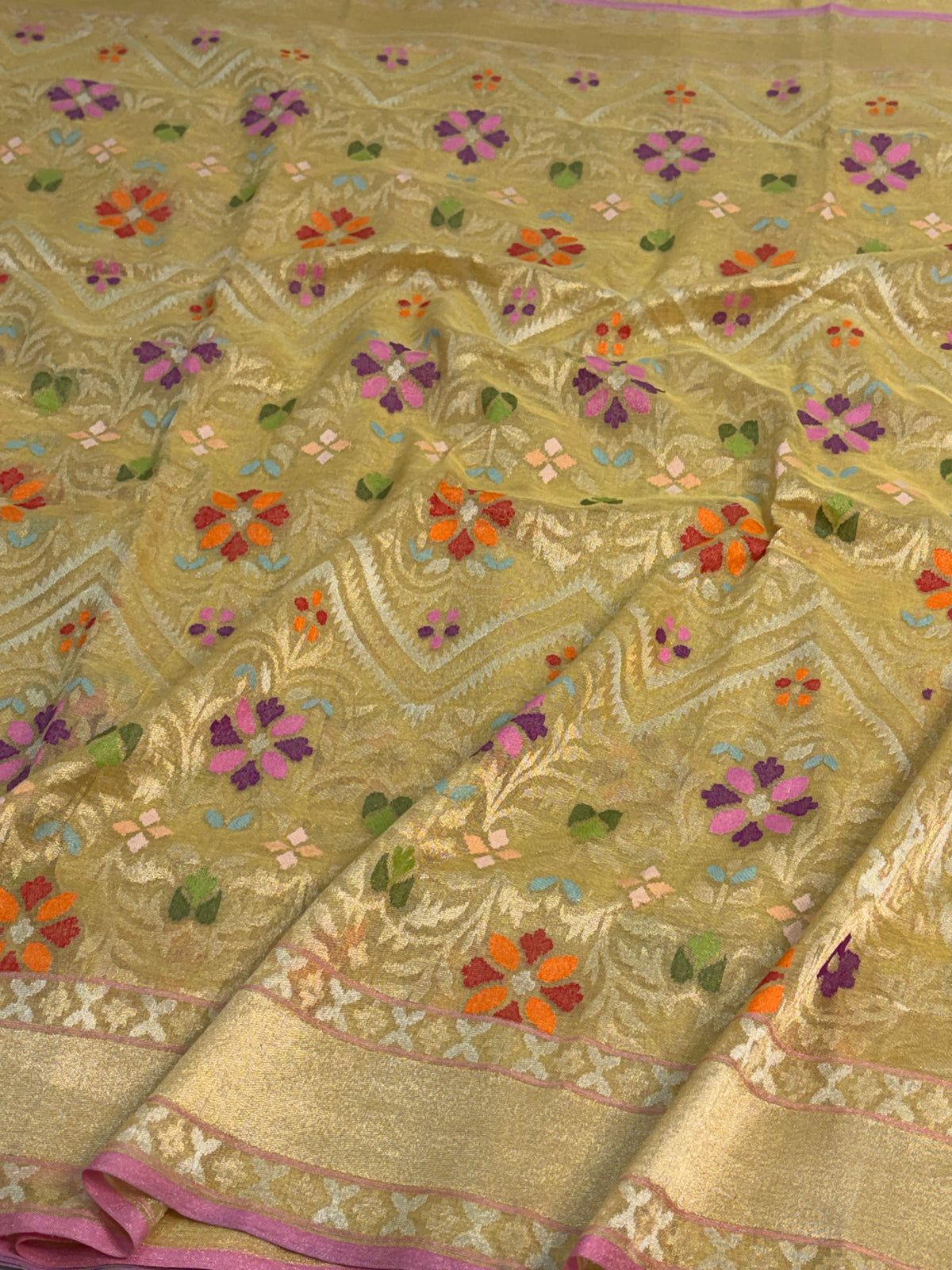 Lemon Yellow Handwoven Real Gold &amp; Silver Zari Tissue Jamdani Saree