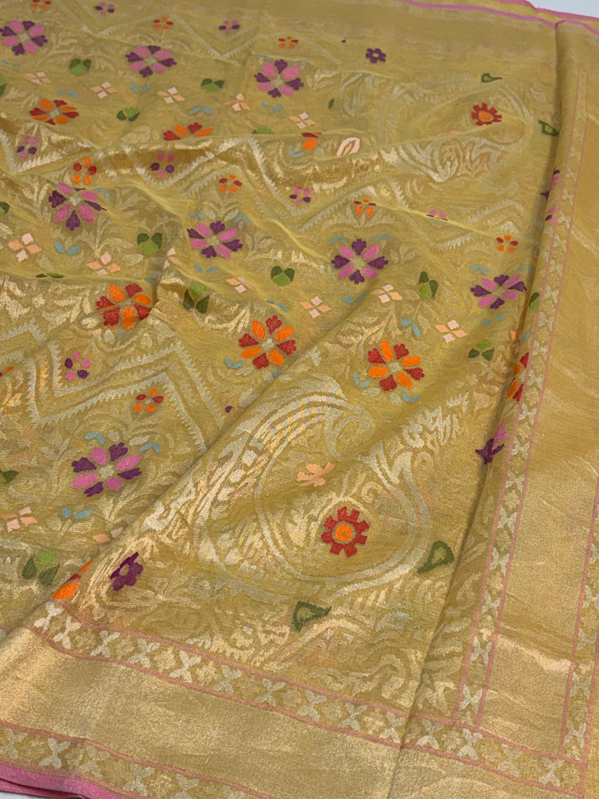Lemon Yellow Handwoven Real Gold &amp; Silver Zari Tissue Jamdani Saree