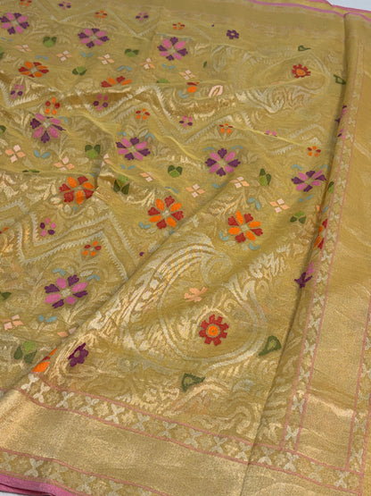 Lemon Yellow Handwoven Real Gold &amp; Silver Zari Tissue Jamdani Saree