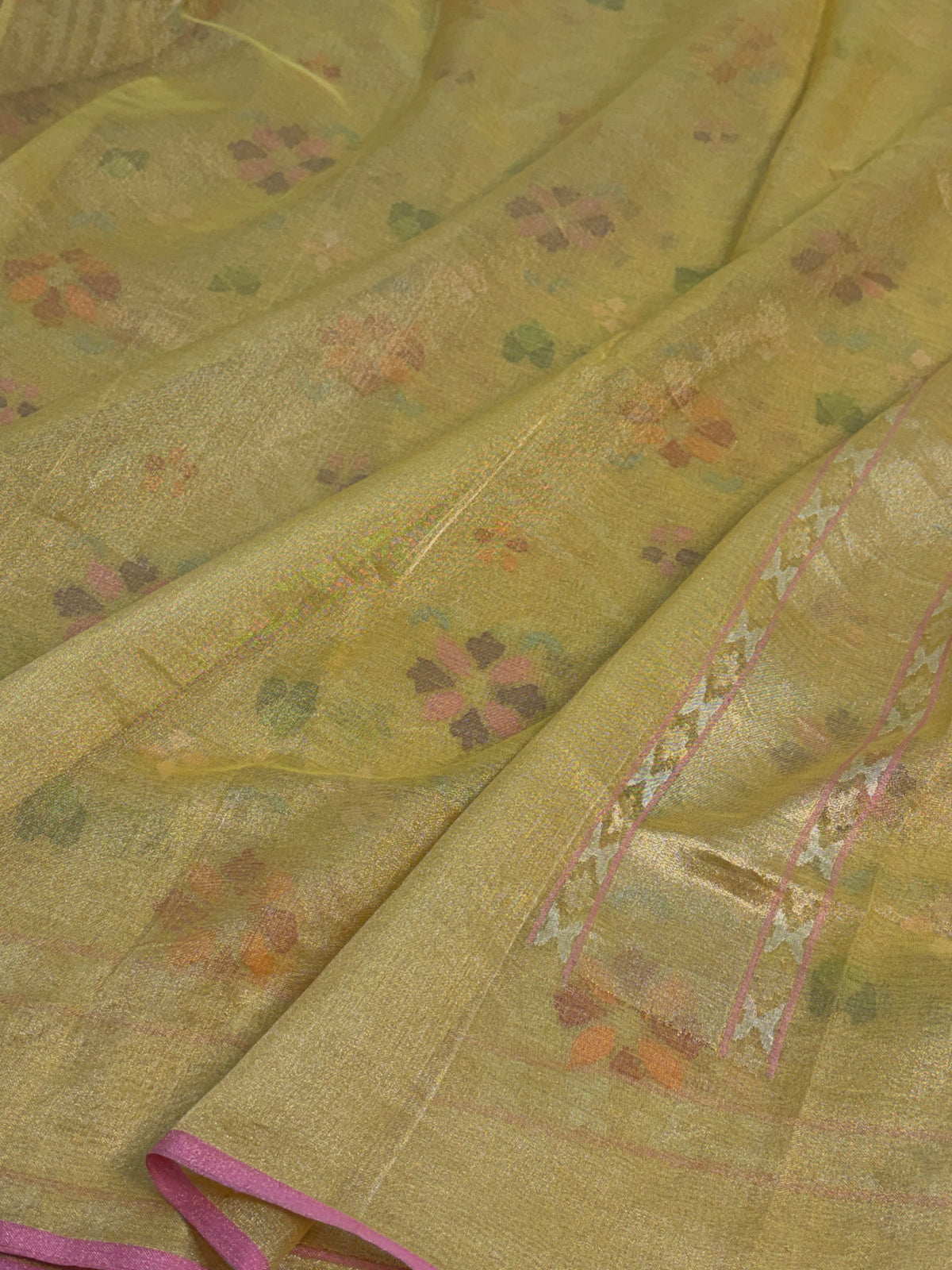 Lemon Yellow Handwoven Real Gold &amp; Silver Zari Tissue Jamdani Saree