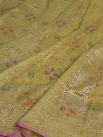 Lemon Yellow Handwoven Real Gold &amp; Silver Zari Tissue Jamdani Saree